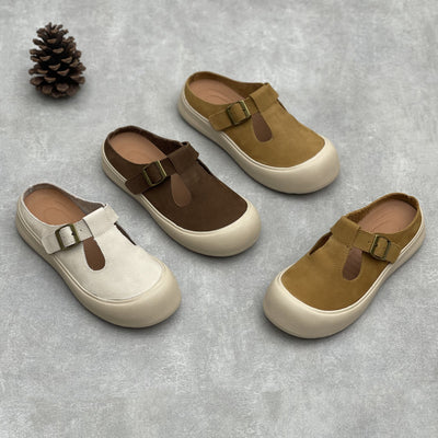 Retro Buckled Comfortable Soft Sole Genuine Leather Slippers