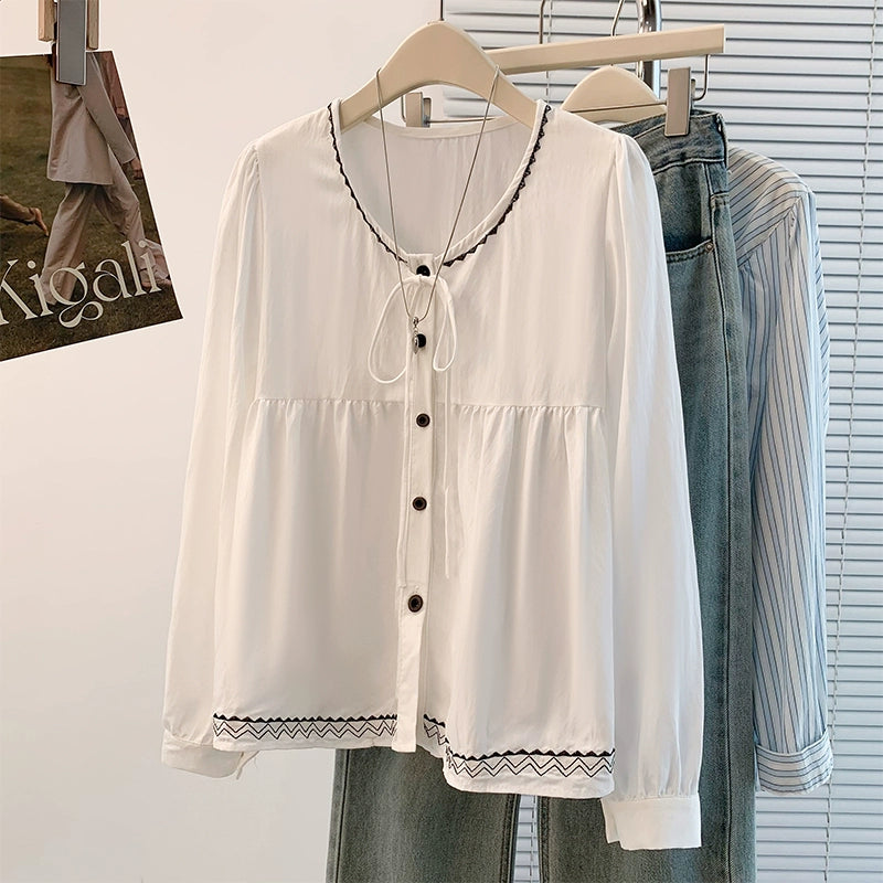Cotton Linen Round Neck Cute Embroidered Lace-Up Shirt