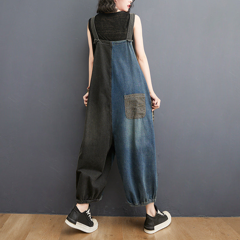 Women Spring Retro Denim Patchwork Plaid Casual Loose Jumpsuit
