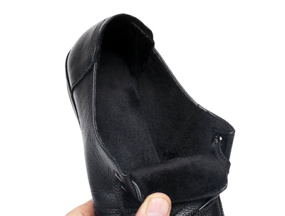 Women Retro Top Leather Soft Flat Sole Black Velcro Shoes