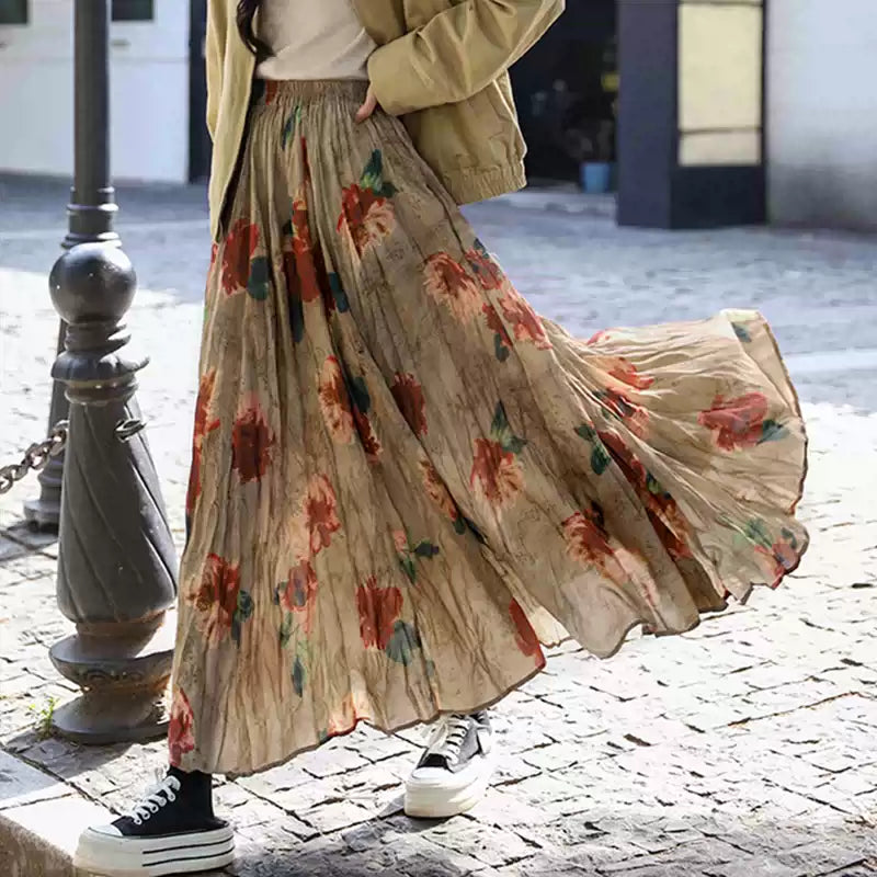 Women Spring Retro Cotton Printed Rose A-Line Skirt