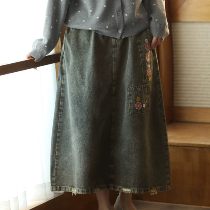 Women Spring Vintage Denim Embroidered Floral A-Line Midi Skirt