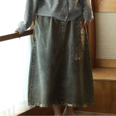 Women Spring Vintage Denim Embroidered Floral A-Line Midi Skirt