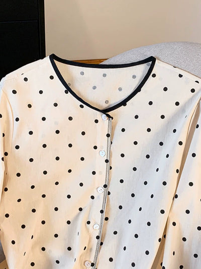 Women Autumn Cotton Round Neck Polka Dot Single-Breasted Shirt