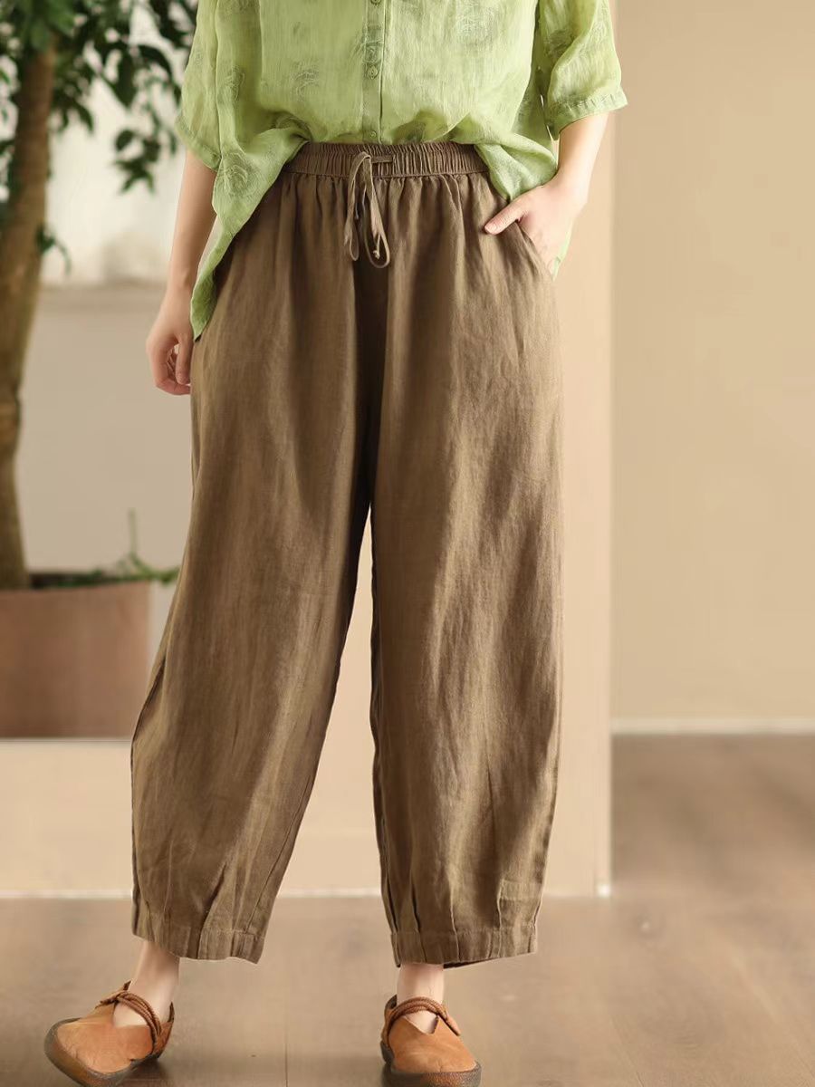 Women Comfortable Linen Straight-Leg Elastic Waist Harem Pants