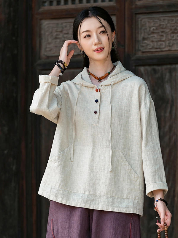 Autumn Women Retro Linen Long Sleeves Casual Hoodie Shirt