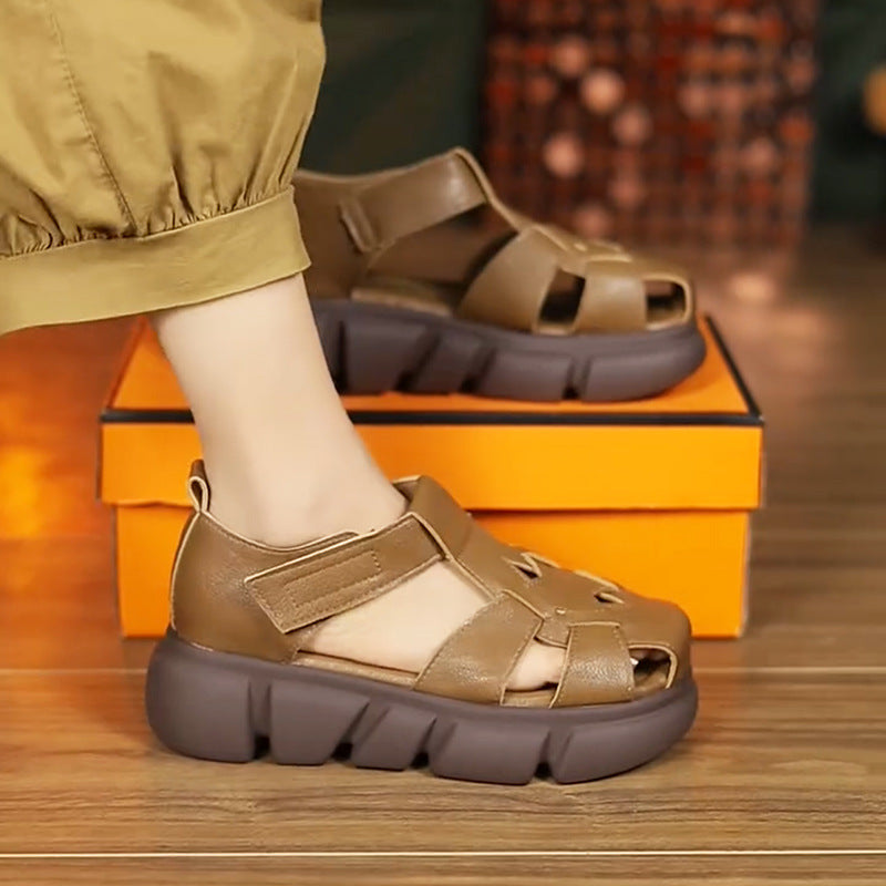 Women Summer Leather Cut Out Velcro Platform Shoes