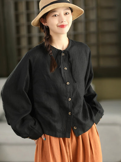 Autumn Retro Linen Round Neck Lace-Up Single-Breasted Shirt