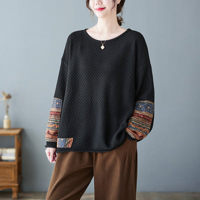 Babakud Women Retro Loose Patchwork Winter Knitted Pullover