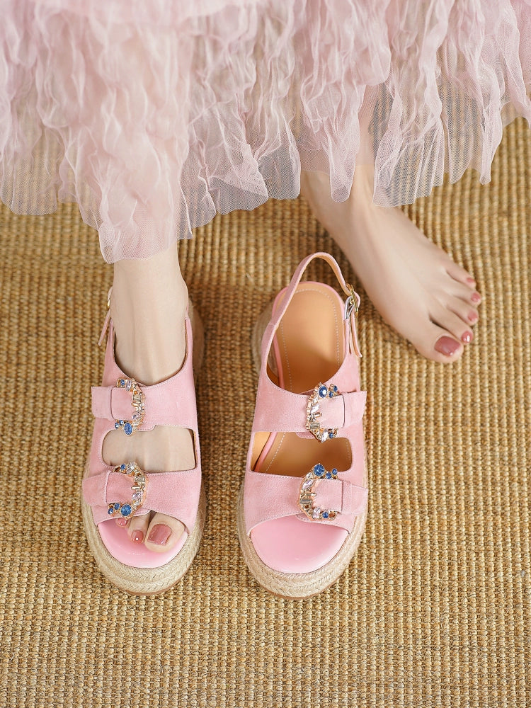 Retro Sheepskin Leather Open Toe Woven Diamond Shoes