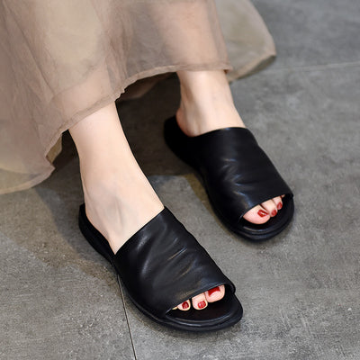 Women Summer Leather Casual Soft Flat Sole Open Toe Slippers