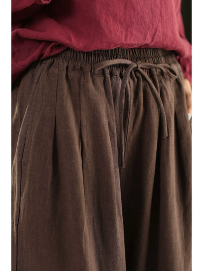 Autumn Retro Ramie Loose Elastic Waist Lace-Up Pants