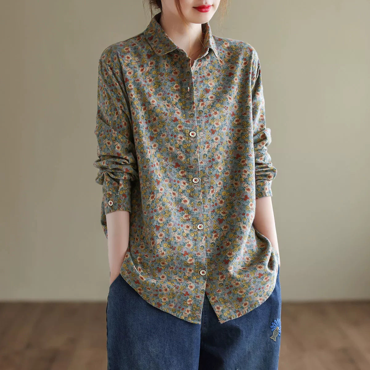 Women Spring Retro Floral Long-Sleeved Cotton Linen Shirts