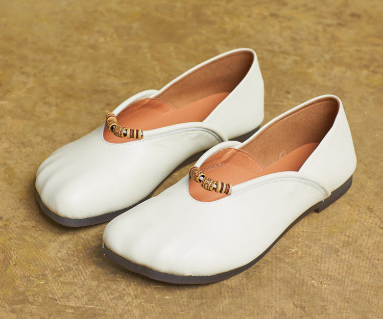 Women Spring Elegant Beaded Retro Soft Leather Loafers
