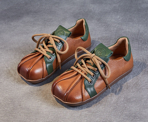 Spring Retro Soft Sole Color Block Lace-Up Leather Casual Shoes