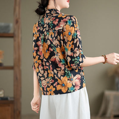 Women Summer Retro Cotton-Linen Printed Casual Loose Blouse