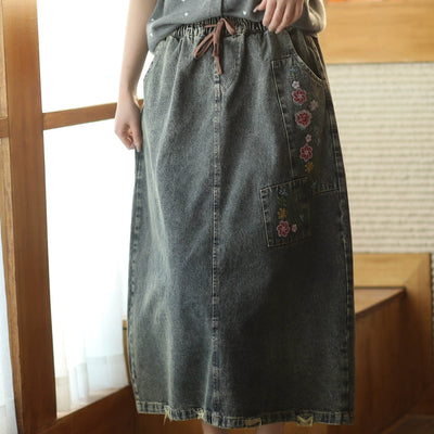 Women Spring Vintage Denim Embroidered Floral A-Line Midi Skirt