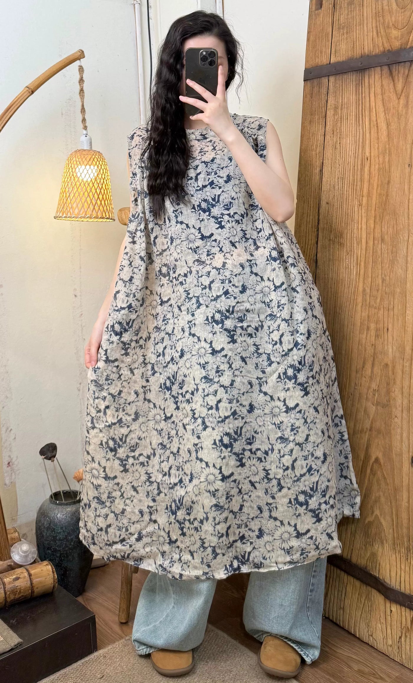 Women Retro Summer Digital Printed Round Neck Tank Dress