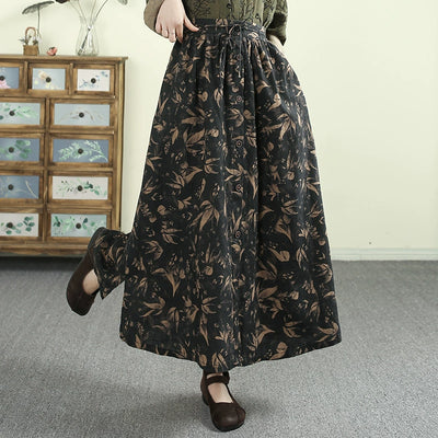 Women Spring Artistic Ramie Printed Floral A-Line Skirt