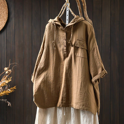 Women Spring Vintage Cotton Hooded Short-Sleeve Pullover Shirt