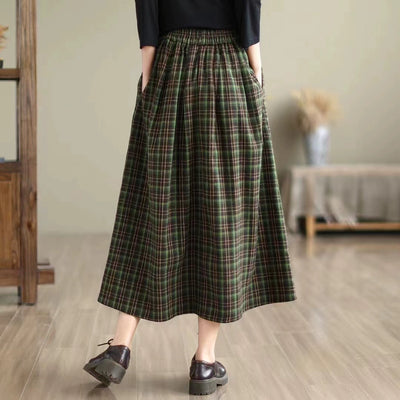 Women Summer Retro Cotton Plaid Loose Versatile A-Line Skirt