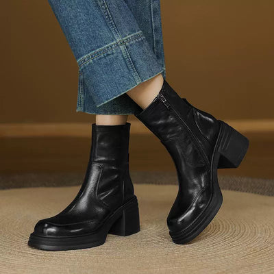 Autumn Genuine Leather Casual Soft Sole Round Toe Chunky Boots