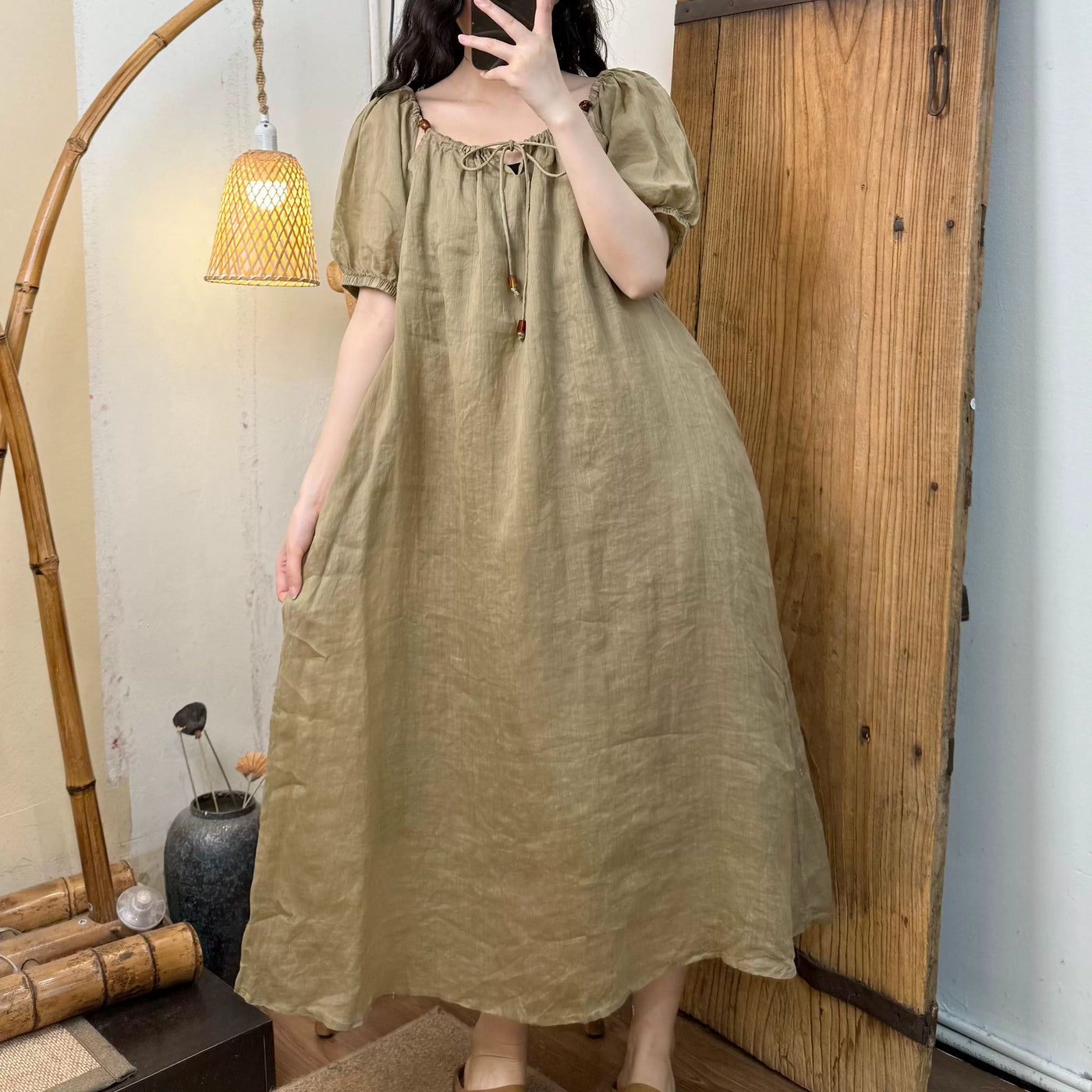 Women Summer Ramie Sweet Literary Double Layer Lace-Up Dress