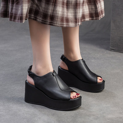 Women Retro Elegant Genuine Leather Wedge Sandals ¨C Black & Coffee