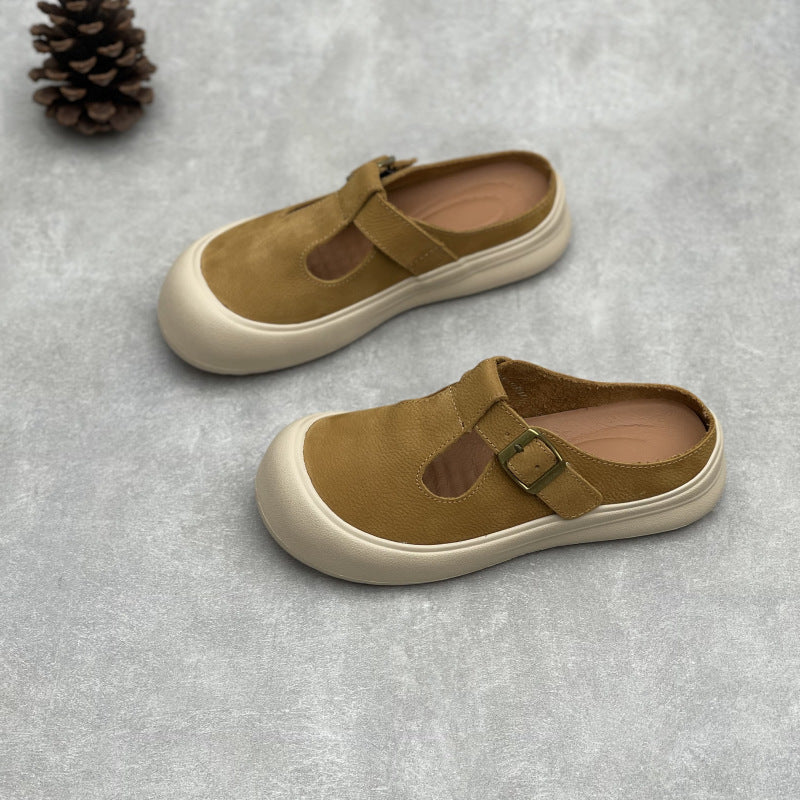 Retro Buckled Comfortable Soft Sole Genuine Leather Slippers