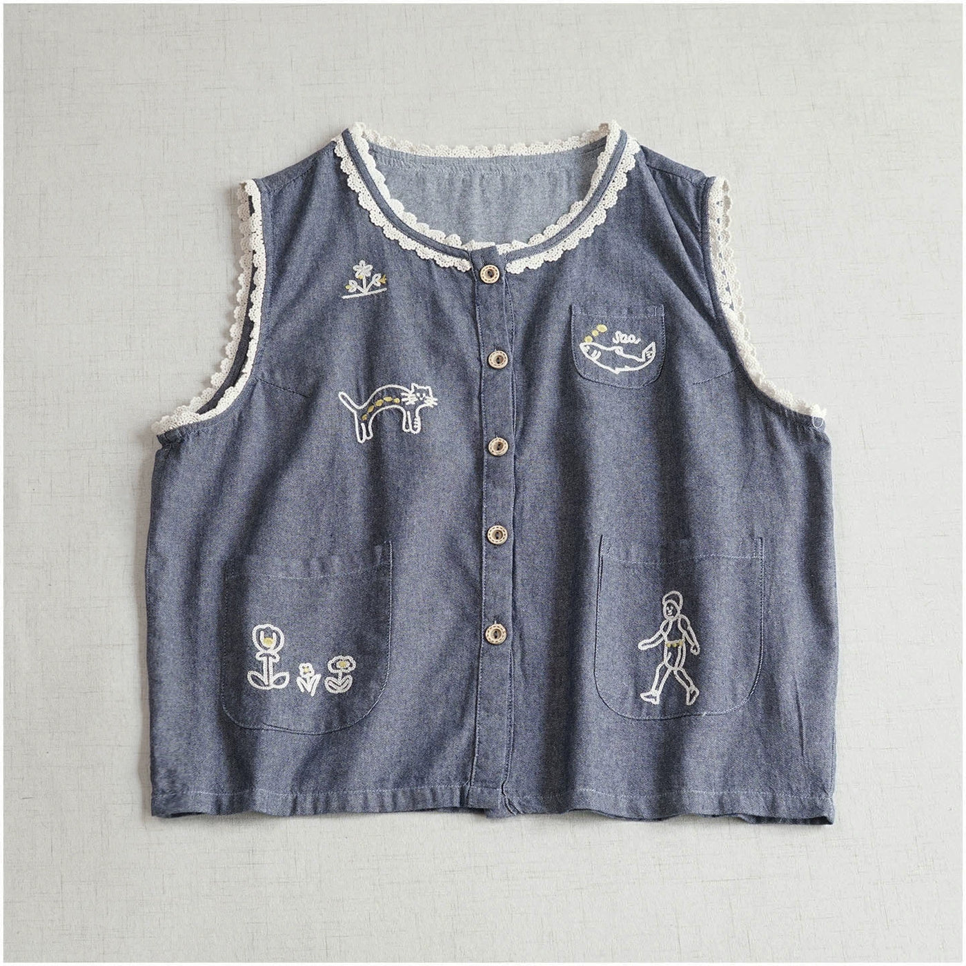 Summer Cute Cotton Round Neck Sleeveless Embroidered Vest