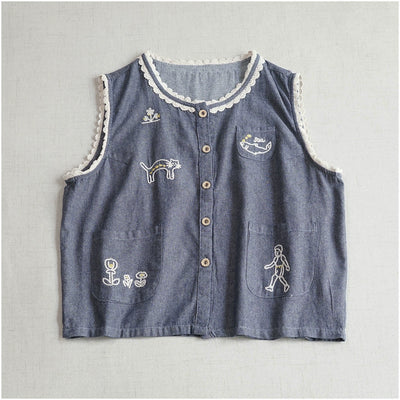 Summer Cute Cotton Round Neck Sleeveless Embroidered Vest