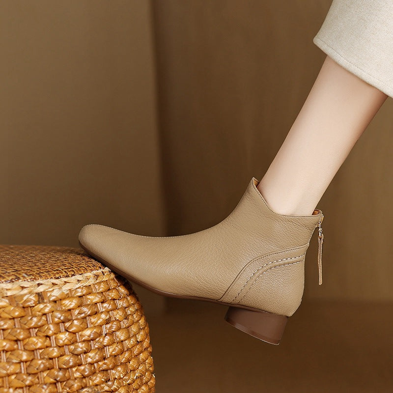 Retro Autumn Sheepskin Leather Chunky Zipper Ankle Boots