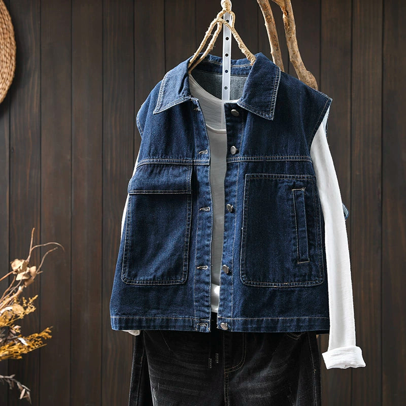 Women Spring Retro Denim Solid Color Casual Vest