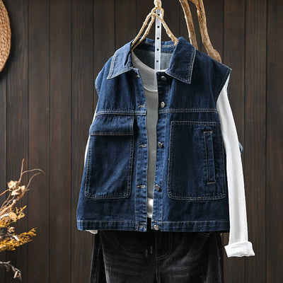 Women Spring Retro Denim Solid Color Casual Vest