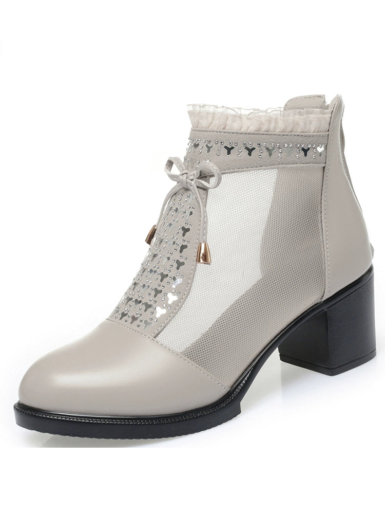 Summer Leather Mesh Breathable Lace Chunky Ankle Boots