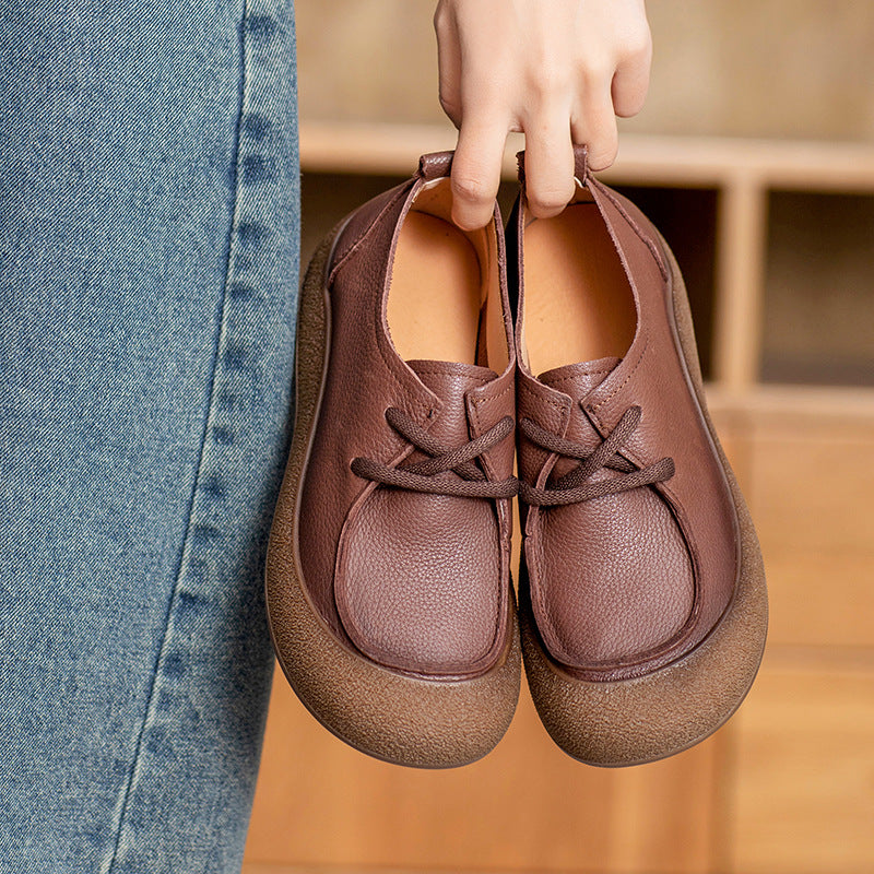 Retro Autumn Leather Round Toe Platform Slip-On Shoes