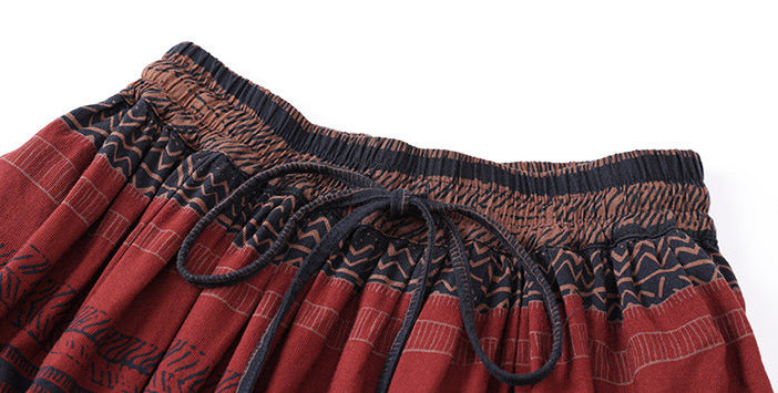 Fashion Ethnic Style Printed Contrast Color Cotton Linen Skirt