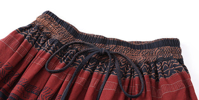 Fashion Ethnic Style Printed Contrast Color Cotton Linen Skirt