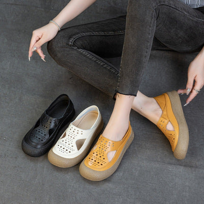 Summer Casual Leather No Slip Hollow Platform Slip On Shoes