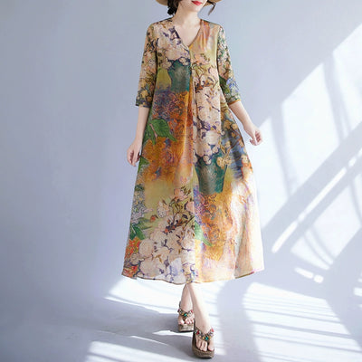 Women Retro Vacation Printed V-Neck A-Line Tencel Dresses