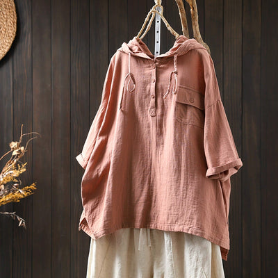 Women Spring Vintage Cotton Hooded Short-Sleeve Pullover Shirt