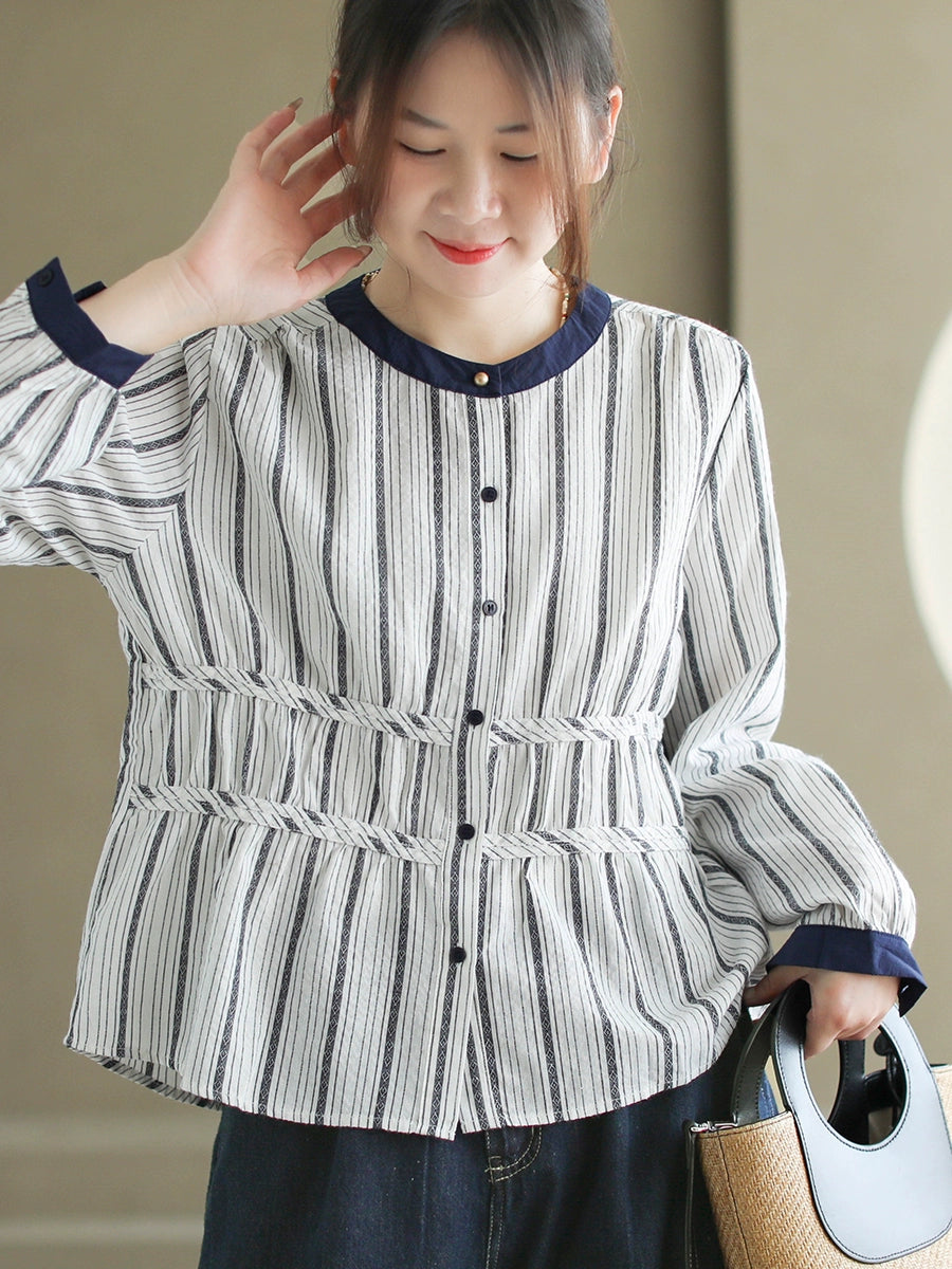 Babakud Autumn Cotton Striped Round Neck Patchwork Shirt