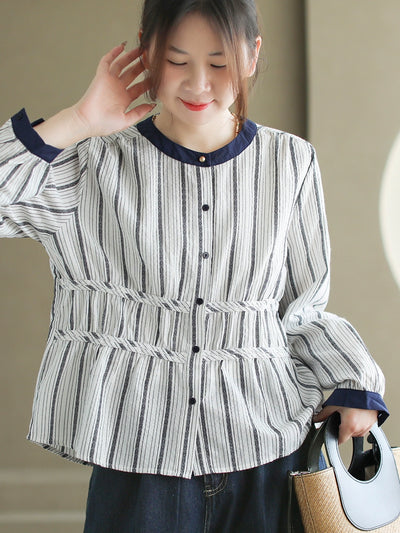 Babakud Autumn Cotton Striped Round Neck Patchwork Shirt
