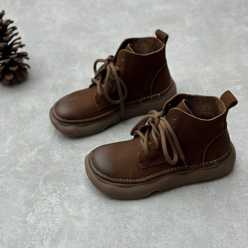 Women Retro Soft Soled Lace-Up Genuine Leather Short Boots