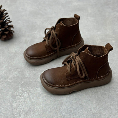 Women Retro Soft Soled Lace-Up Genuine Leather Short Boots