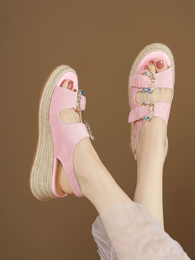 Retro Sheepskin Leather Open Toe Woven Diamond Shoes