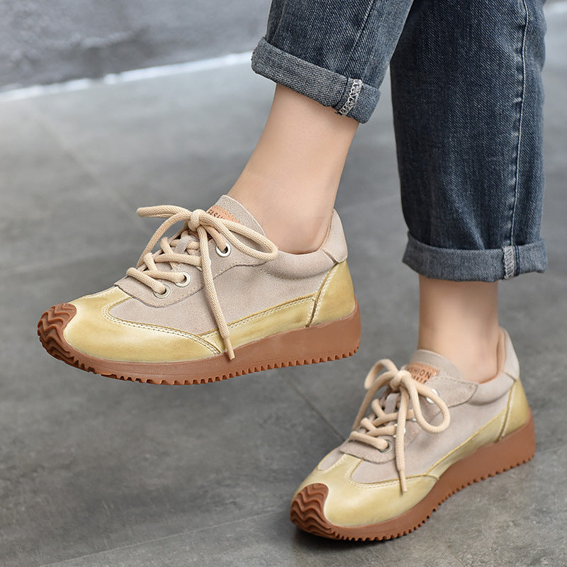 Women Casual Genuine Leather Soft Sole Patchwork Lace-Up Sneakers