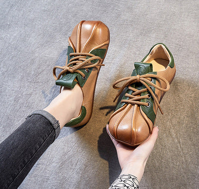 Spring Retro Soft Sole Color Block Lace-Up Leather Casual Shoes
