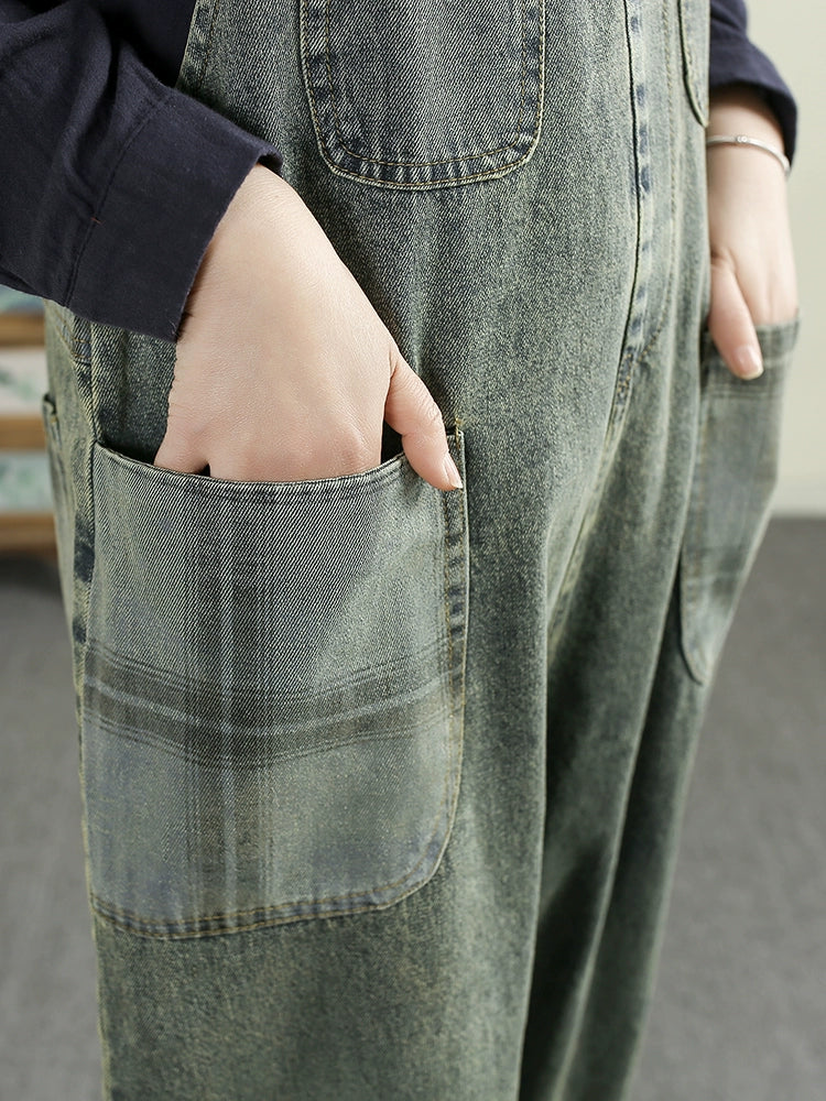 Women Spring Vintage Cotton Denim Patchwork Loose Jumpsuit