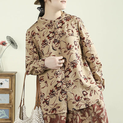 Women Spring Vintage Printed Floral Ramie Blouse